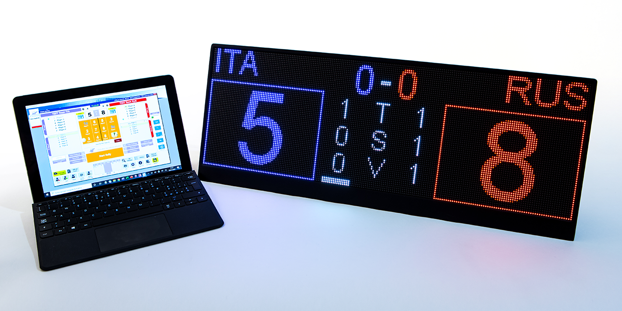 Electronic scoreboard LEDBox, which automatically recognizes the connection to e-Scoresheet software by Data Project